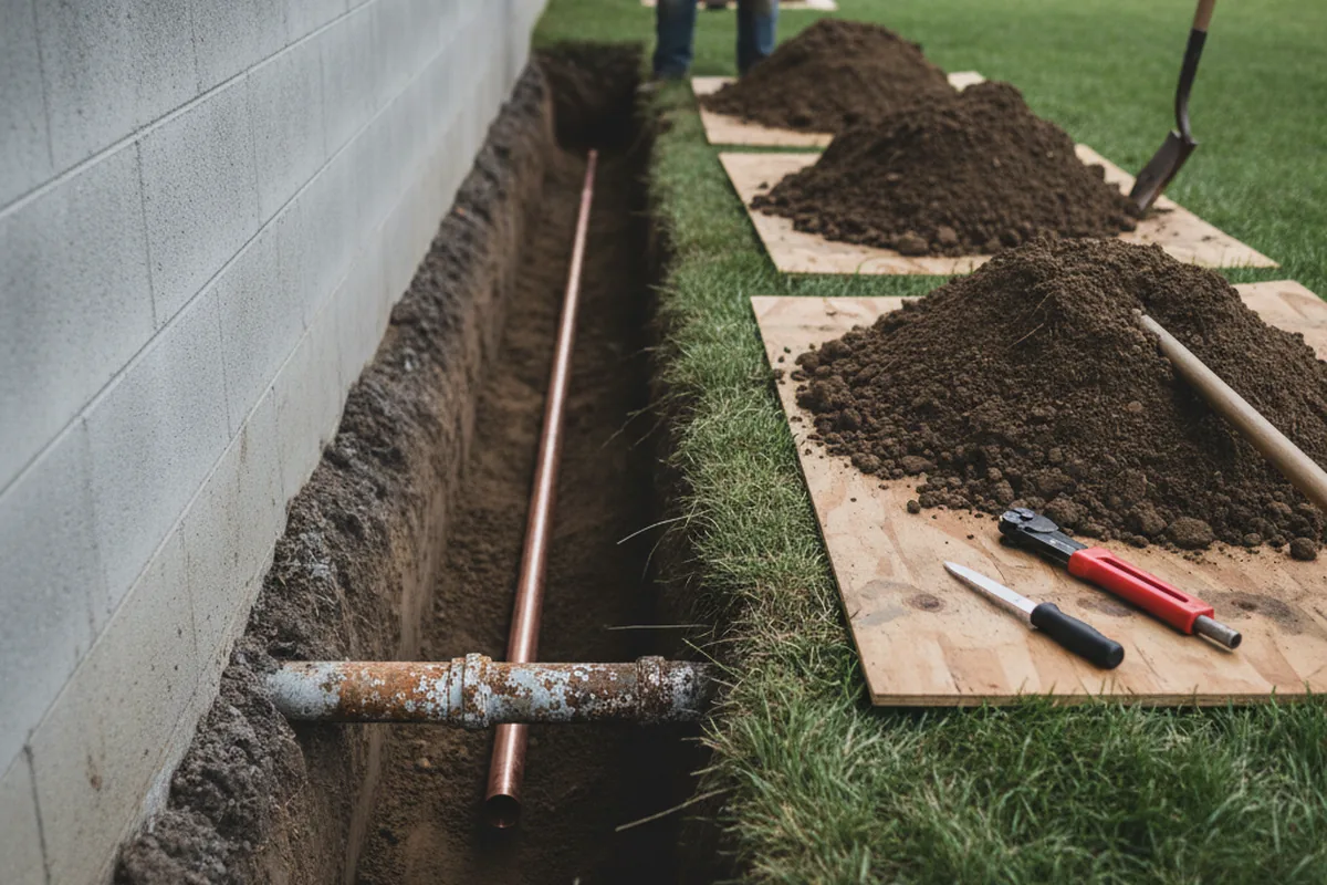 Excavated water line trench during Sewer Line Repair in Indian Valley